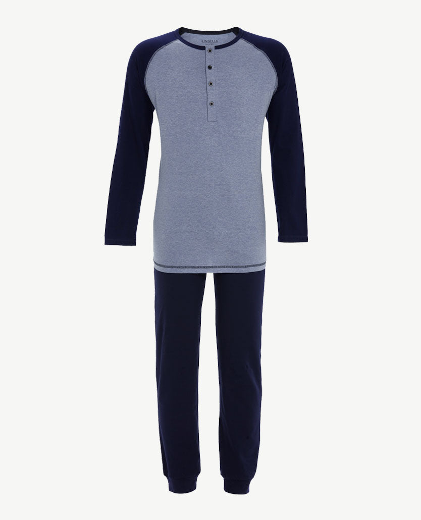 Ringella - Herenpyjama ronde hals met knoopsluiting - Navy met licht kobalt
