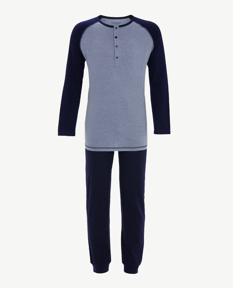 Ringella - Herenpyjama ronde hals met knoopsluiting - Navy met licht kobalt