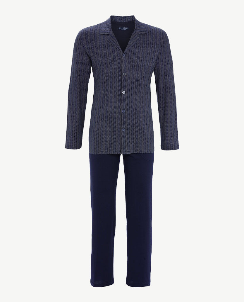 Ringella - Herenpyjama  met doorknoopsluiting - Visgraat met navy broek