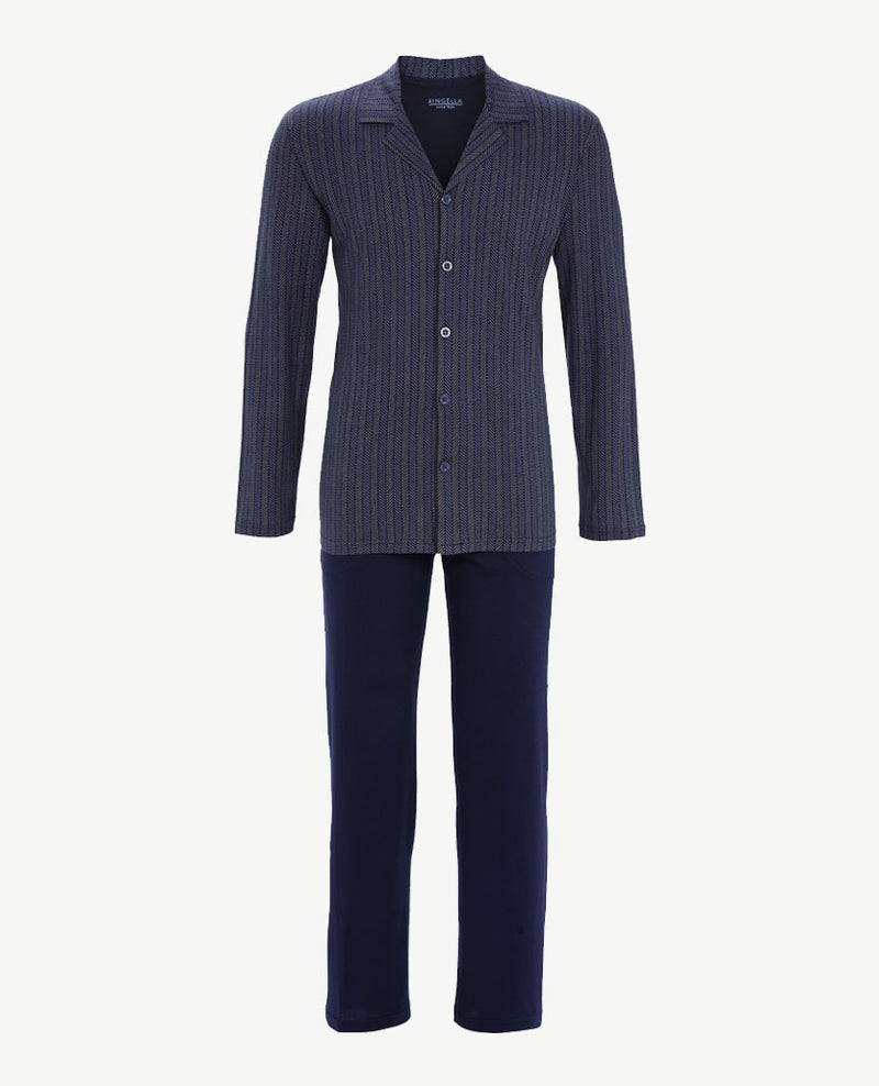 Ringella - Herenpyjama  met doorknoopsluiting - Visgraat met navy broek
