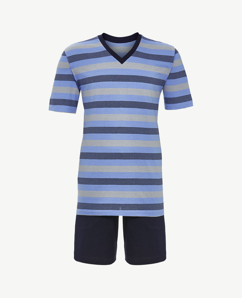 Ringella - Herenpyjama  korte broek en mouw - Streep blue met beige en navy