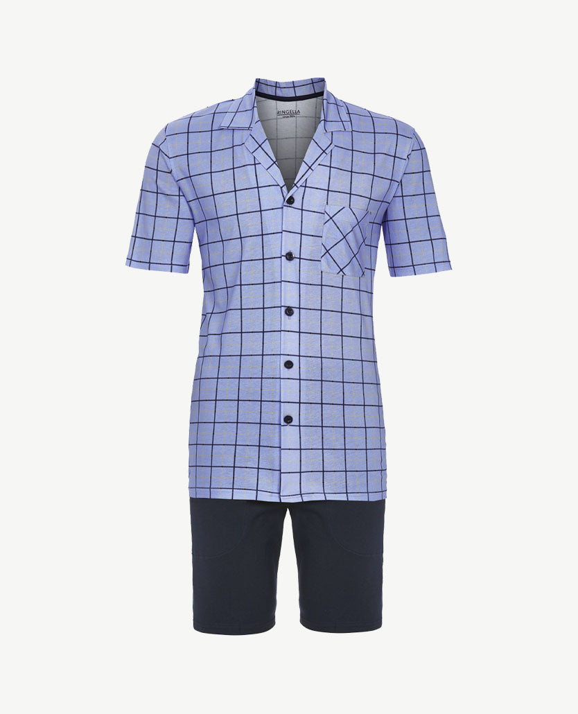 Ringella - Herenpyjama  met doorknoopsluiting - Ruit met blue, navy en beige