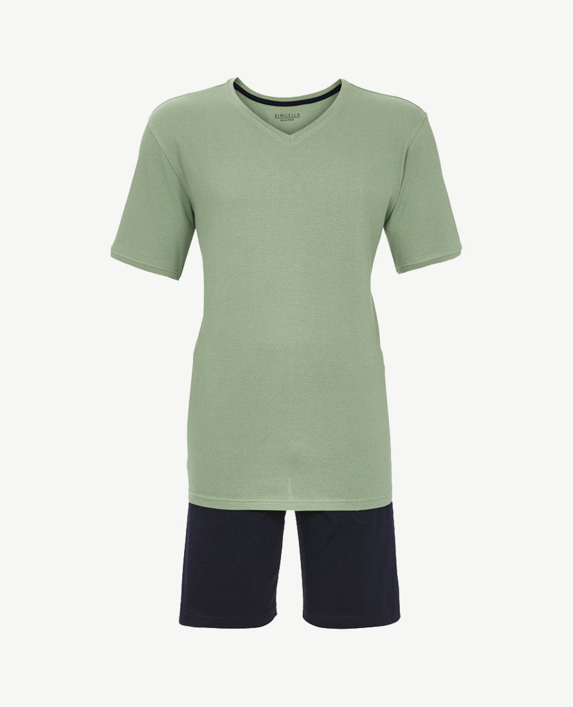 Ringella - Herenpyjama  korte broek en mouw - Groen wafeltje met navy