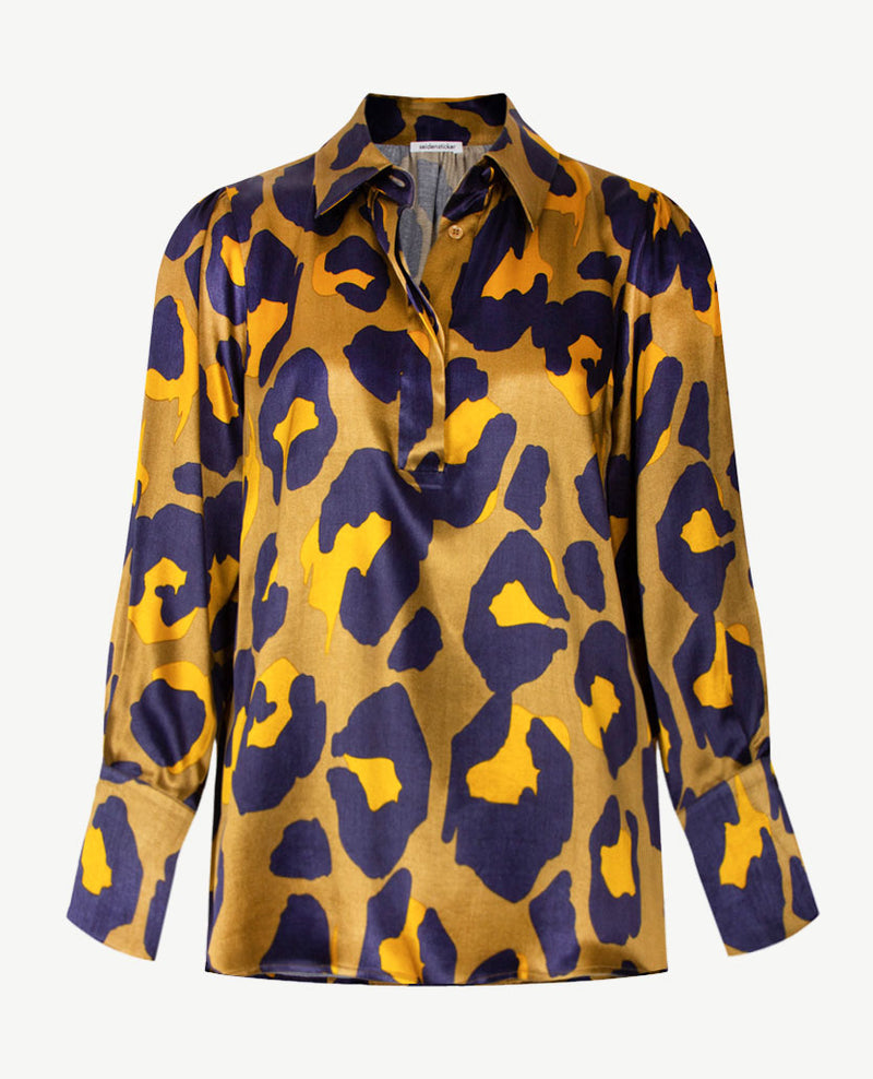 Seidensticker - Blouse - Satijnzijde - Navy, geel en khaki brons