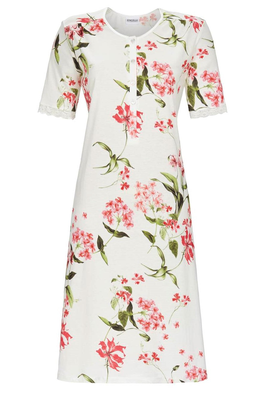 Ringella klassiek nachthemd met knoopjes en ronde hals in off white met bloemdessin bij DRESSYOURPARENTS nachtkleding
