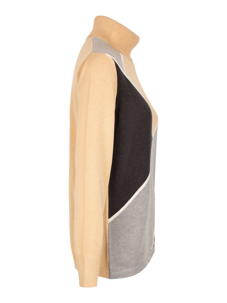 Rabe damespullover met coll in blokdessin camel/licht- en donkergrijs bij DRESSYOURPARENTS kleding voor oudere en bejaarde dames